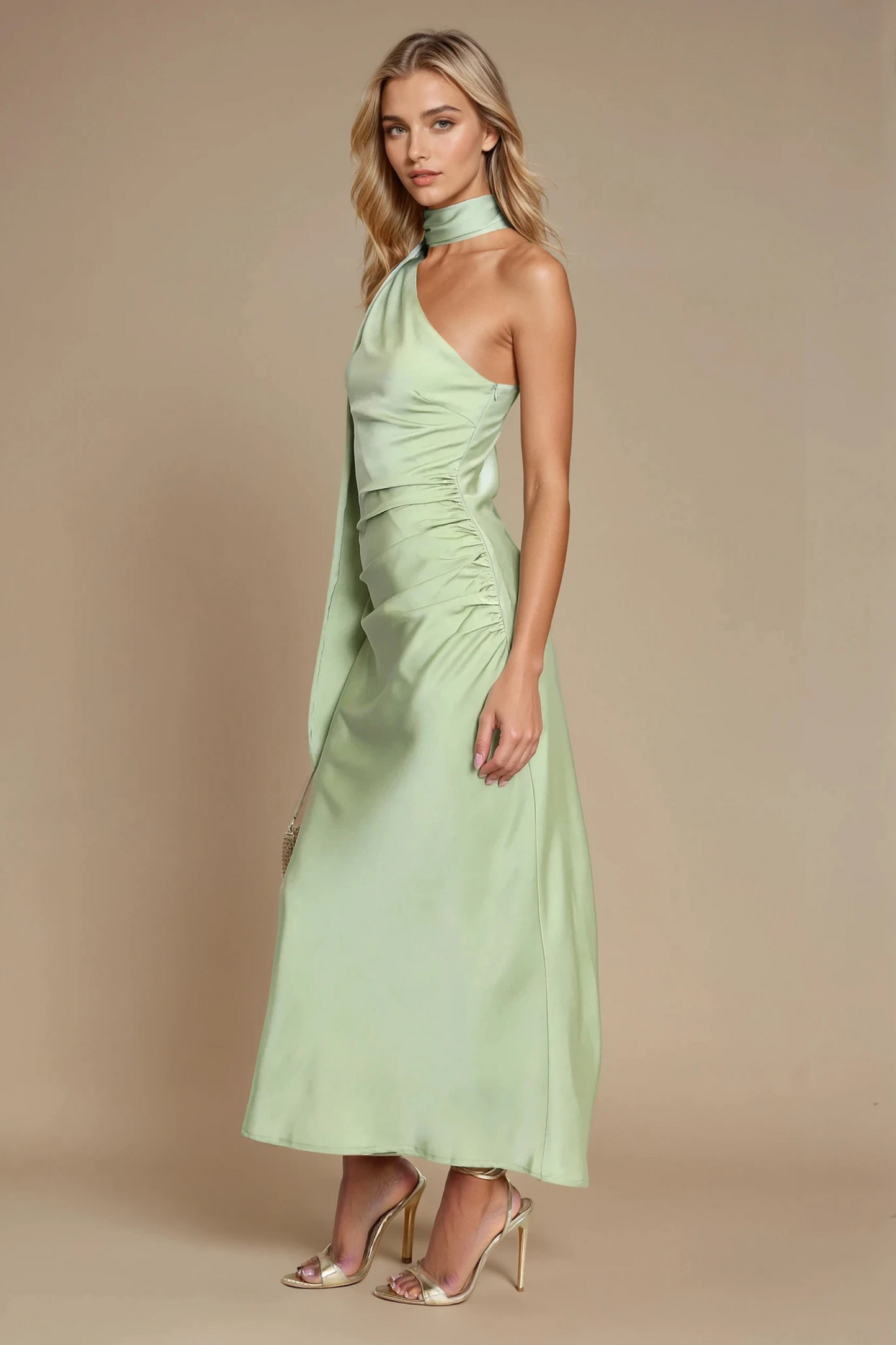 Sage green one-shoulder midi dress