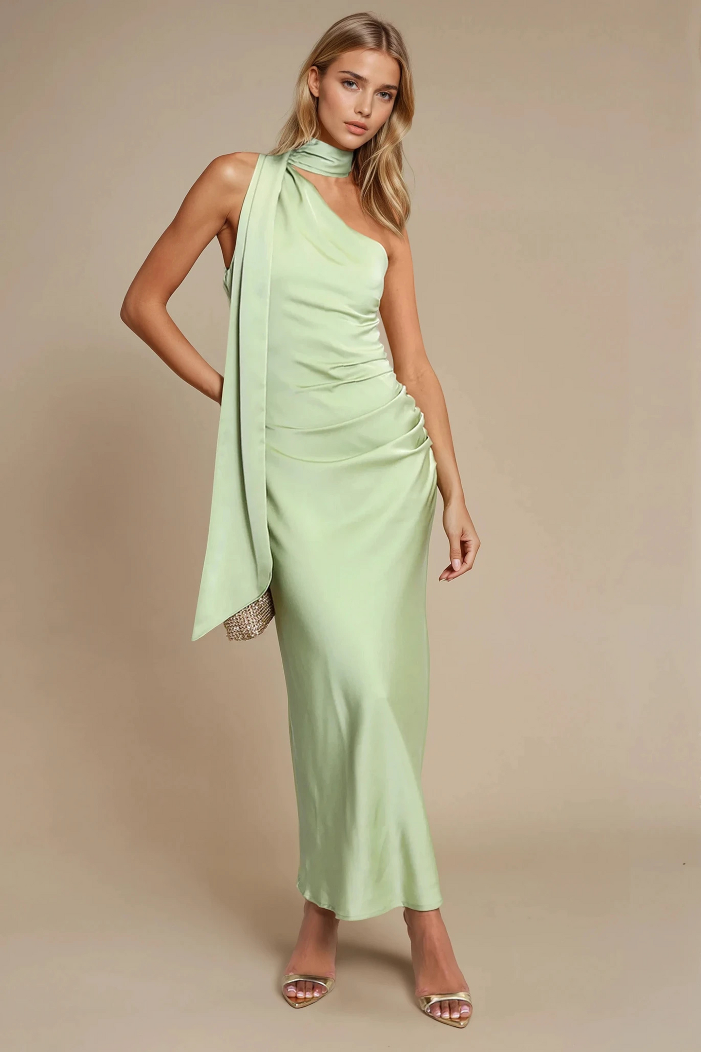 Sage green one-shoulder midi dress
